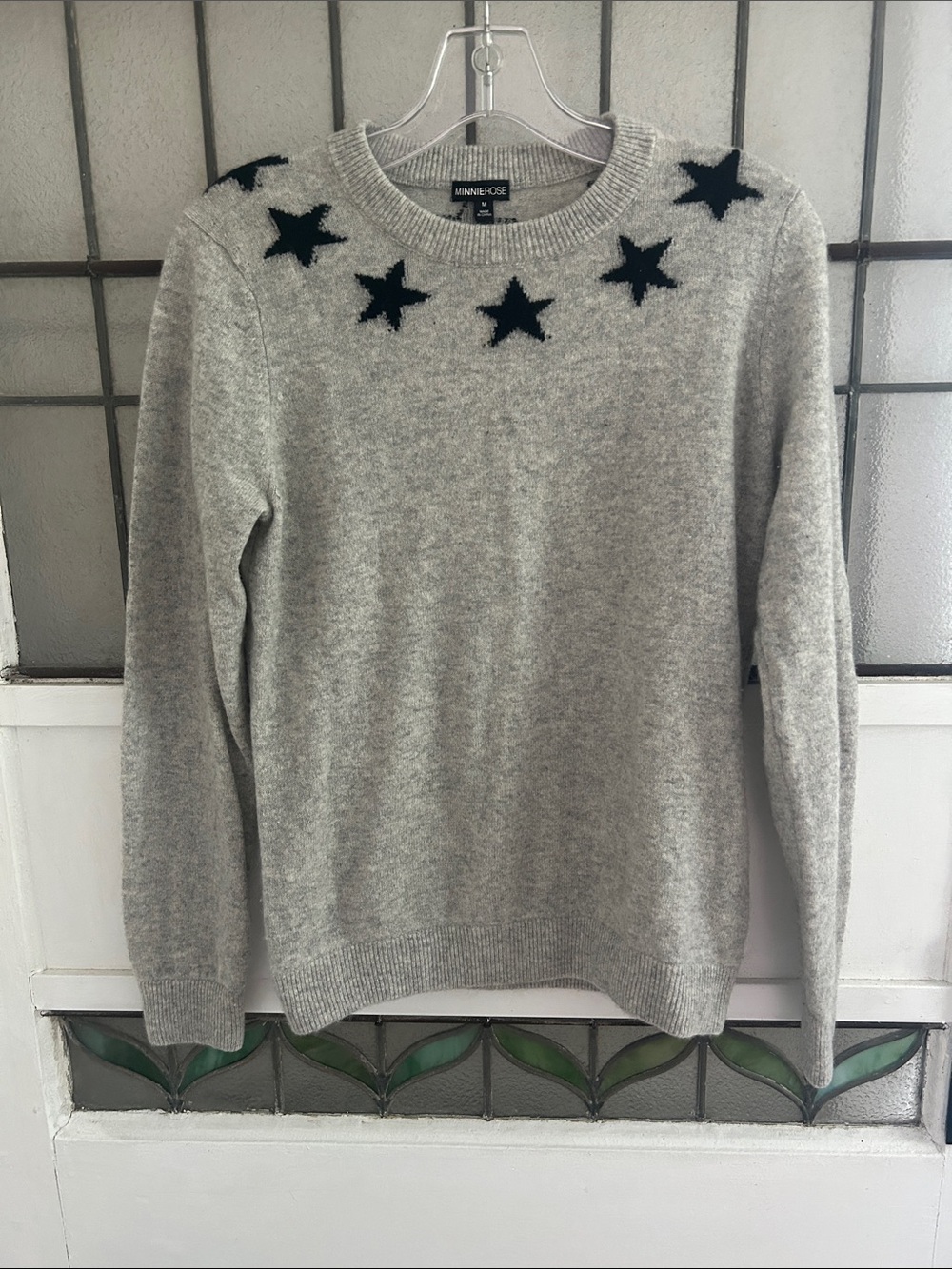 Minnie Rose  CASHMERE Gray Crewneck Sweater with Black Star Yoke